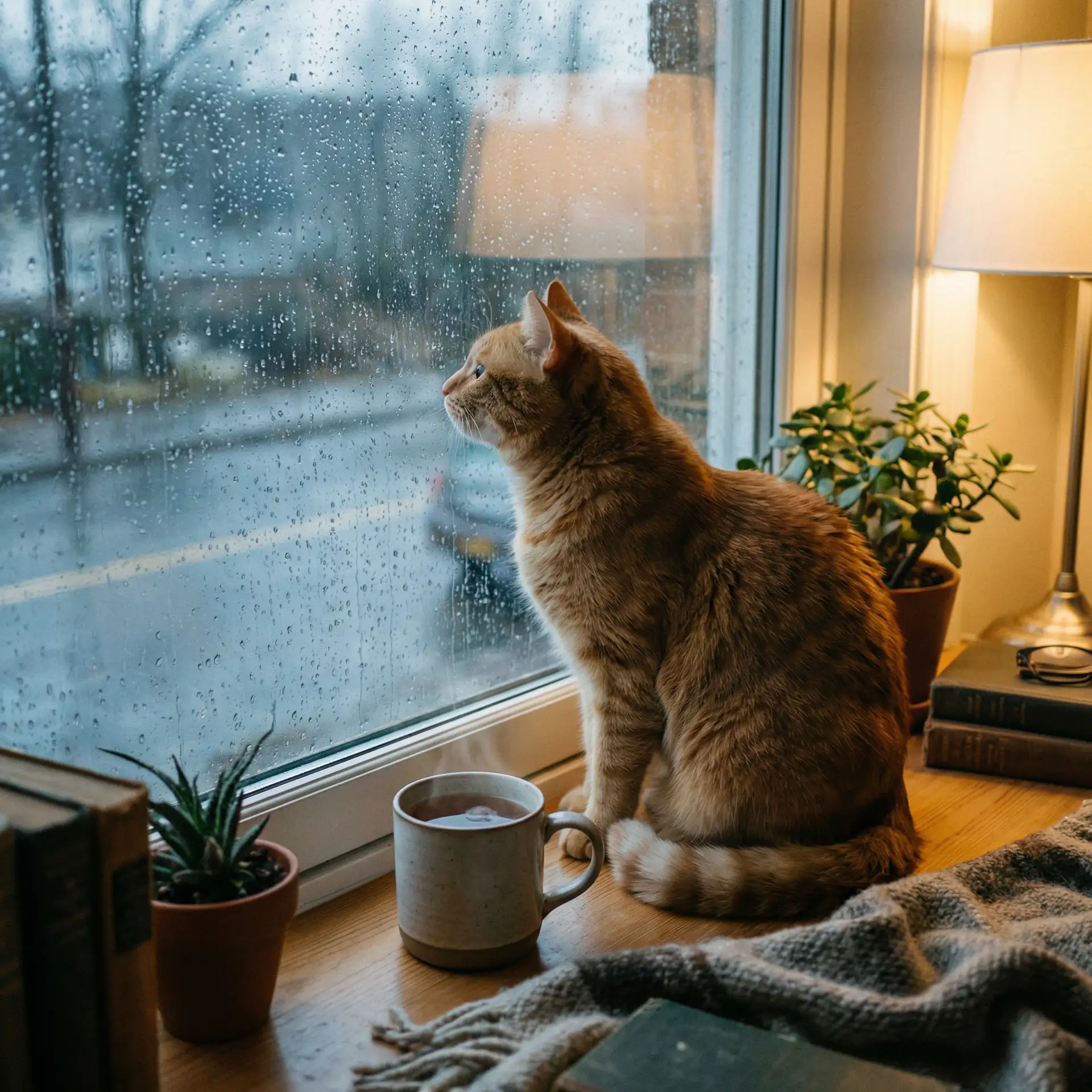 猫咪望着窗外的雨 - 京豆